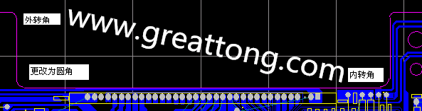 PCB設(shè)計時單面板的轉(zhuǎn)角都需為圓角，R1.0mm或R2.0mm為宜。