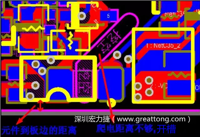 如果碰到模塊PCB空間有限，爬電距離不夠，可以采用開槽的方式