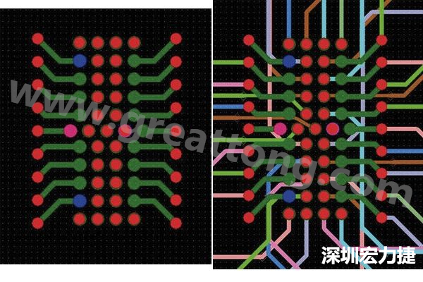 圖7：焊盤內(nèi)過孔用于內(nèi)部，而外部接腳在0.5mm閘格上扇出。圖7a顯示的是頂層(左)；圖7b顯示頂層和內(nèi)部布線層(右)。