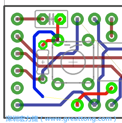 要在電路板正面進行+5V信號線連結和其他連結點的布線工作是非常容易的，而重置信號線（信號線用來連結電路板正面左邊的重置開關）需要經過一個可以通過電路板正反兩面的電路通道，這個通道是一個可以讓電路板正反兩面線路連接的一個小孔。